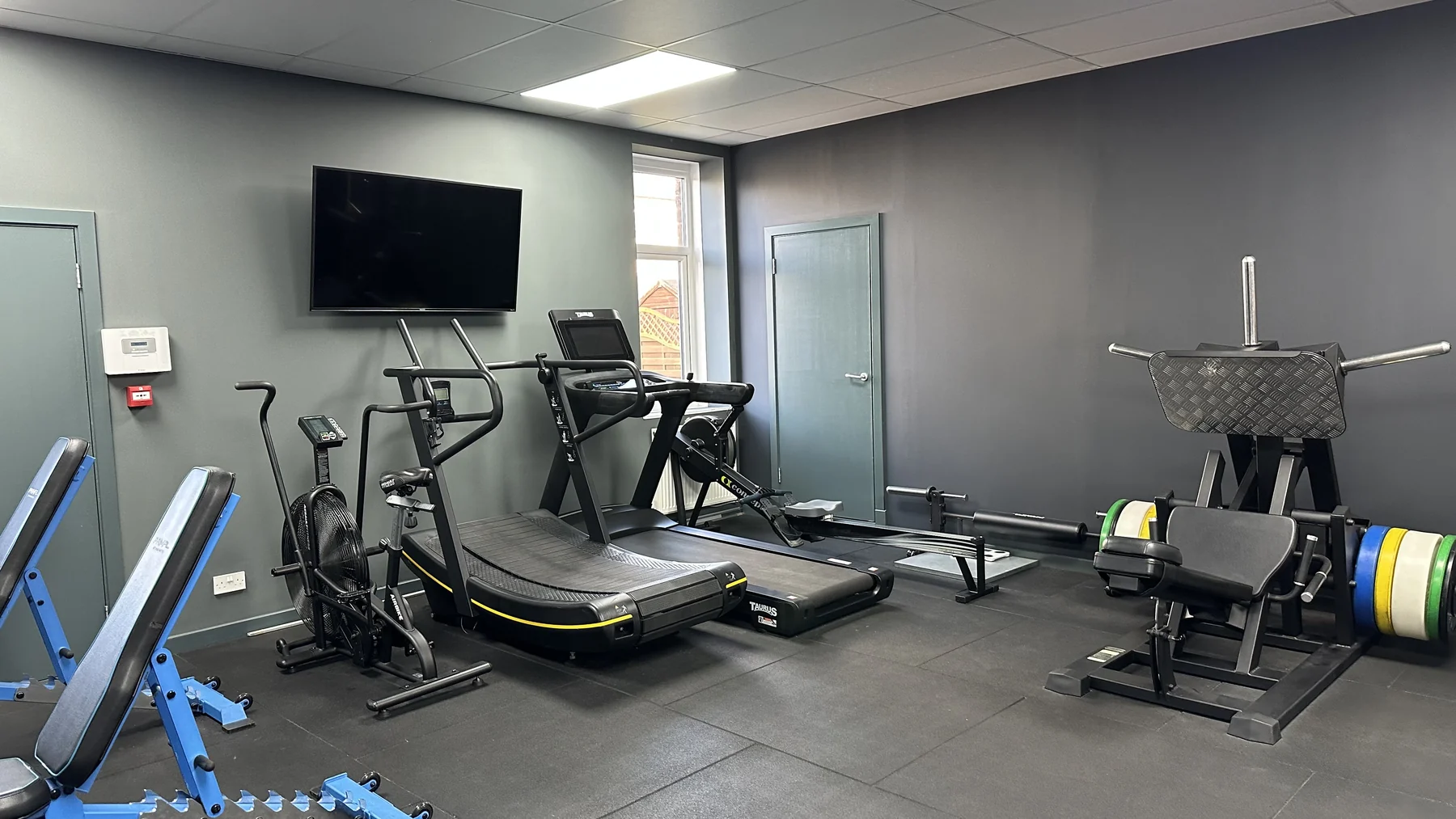 Treadmills, exercise bikes, rowing machine and leg press in the Braveheart gym